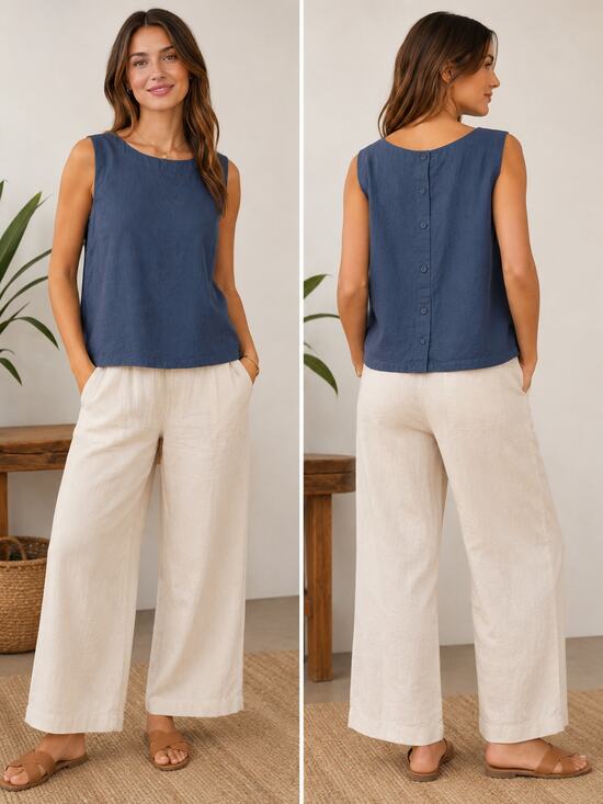 Pact Tops - Pact Women's SZ S Organic Cotton/Linen Blend Full Button Back Tank Navy Blue